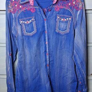 Roar Blue Bling Western Embellished Button Up Shirt Y2K Cowgirl Glam Boho XL